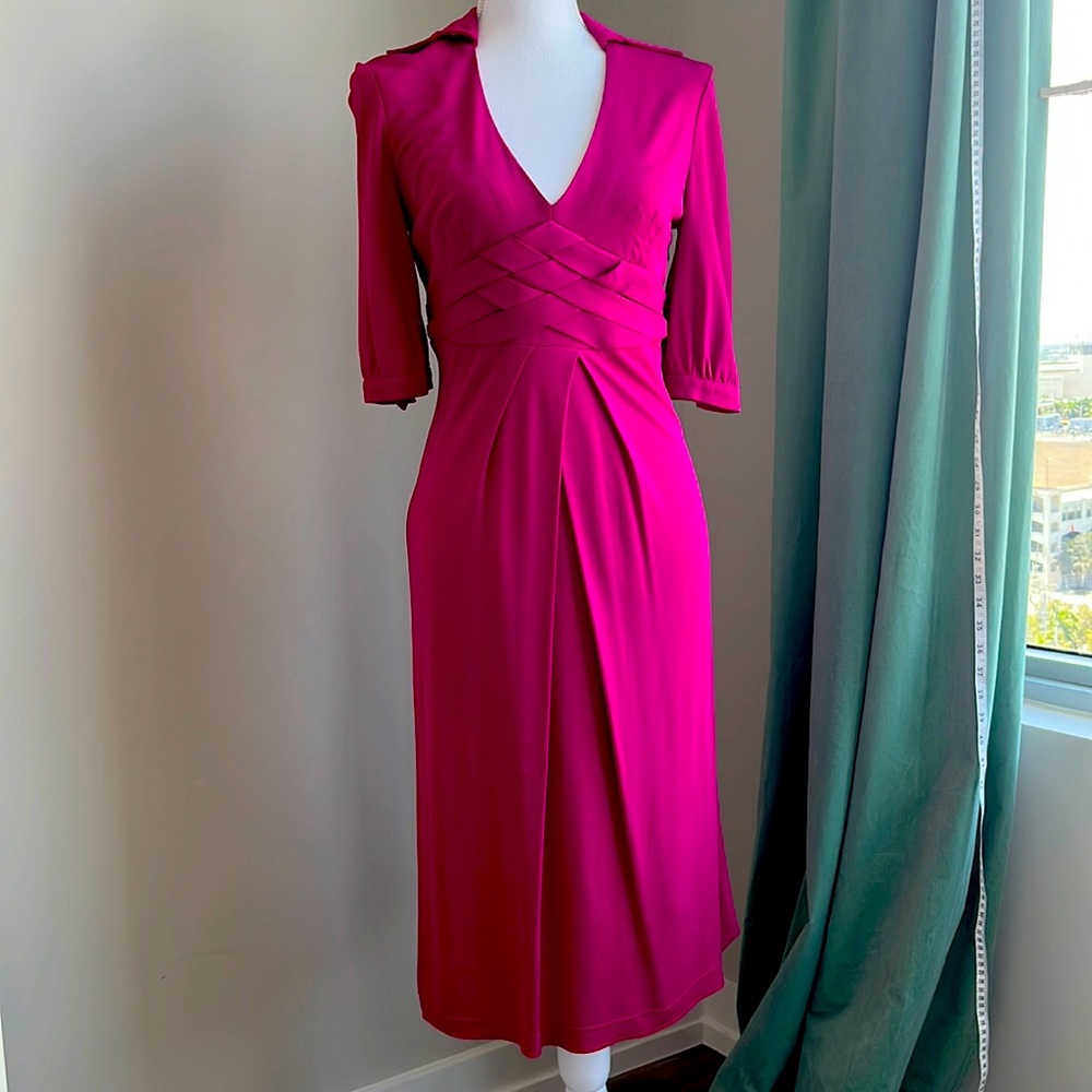 Karen Millen England Fuschia V-Neck Collared Midi Jersey Dress Size 6 US